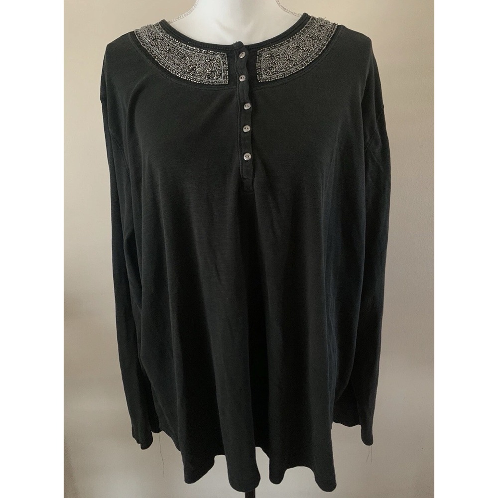 Chaps 2X Black Silver Beaded Neckline Women Henley Top Long Sleeve Top Casual